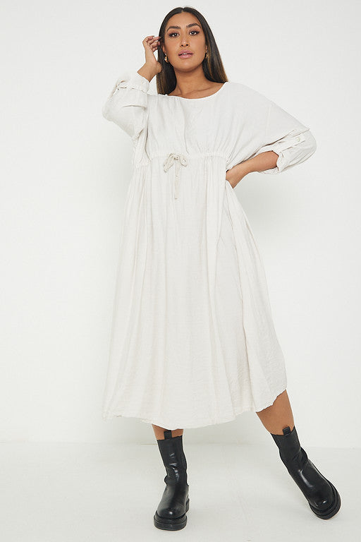 One Size  Crepe Turn Up Sleeve Pocket Midi Long Dress