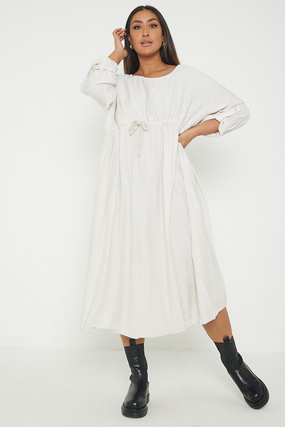 One Size  Crepe Turn Up Sleeve Pocket Midi Long Dress