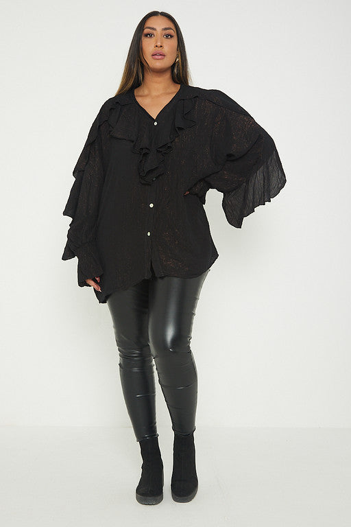 One Size Ruffle Detail Crinkle Lurex Shirt Blouse