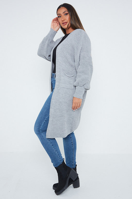 One Size Mid Length Knit Pocket Cardigan