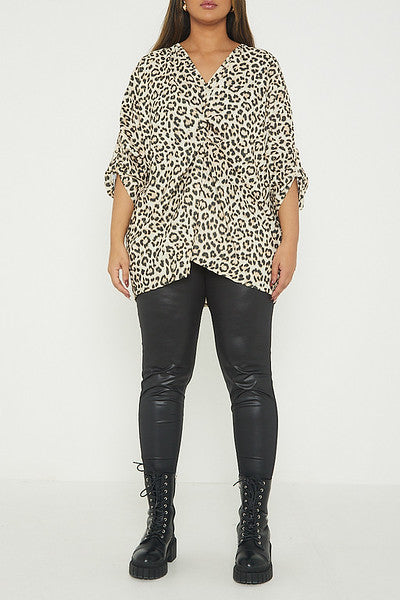 One Size Leopard Print Twist Front Turn Up Sleeve Blouse