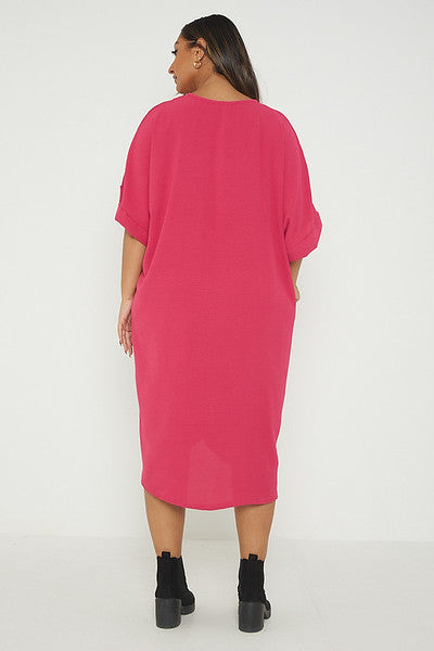 One Size Twist Front Mid Sleeve Midi Tunic Dress