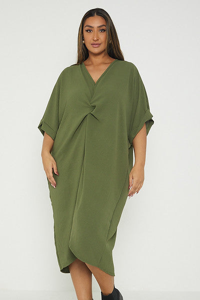 One Size Twist Front Mid Sleeve Midi Tunic Dress