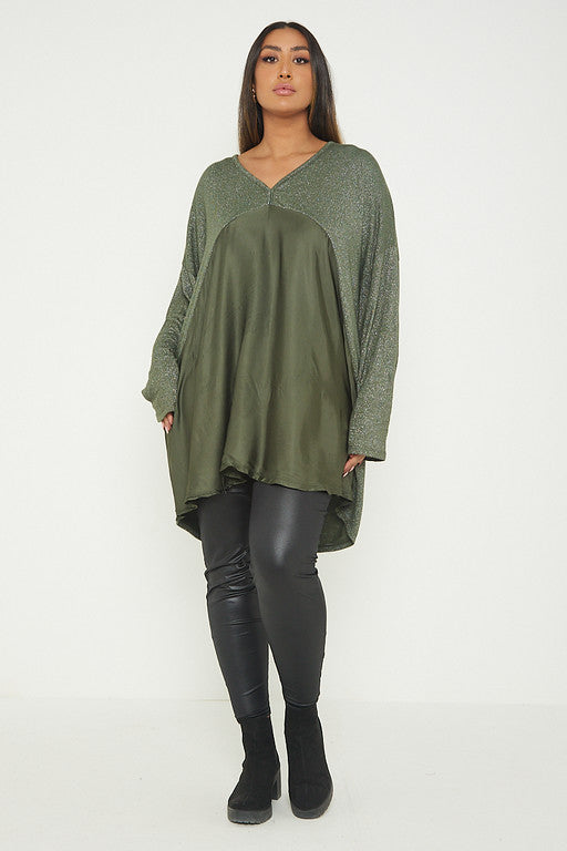 One Size Lurex Shimmer V Neck Knitted Top With Satin Front