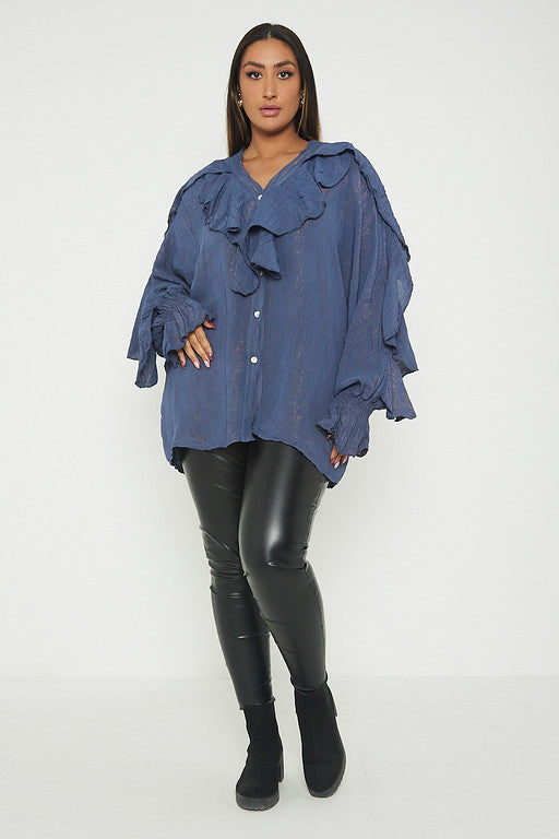 One Size Ruffle Detail Crinkle Lurex Shirt Blouse