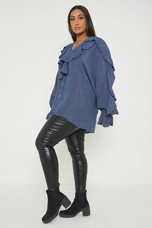One Size Ruffle Detail Crinkle Lurex Shirt Blouse