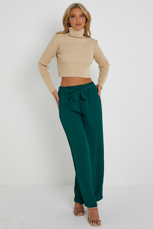 Elasticated Waist Belted Straight Flare Crepe Trousers