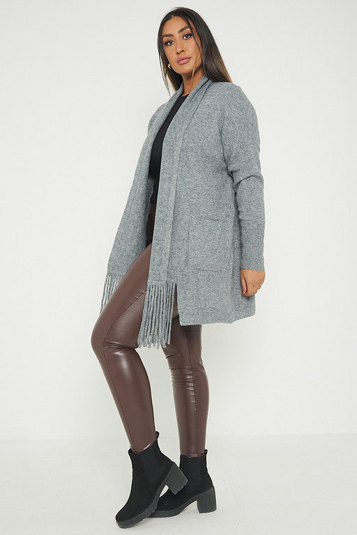 One Size Fringe Hem Pocket Cardigan Jumper