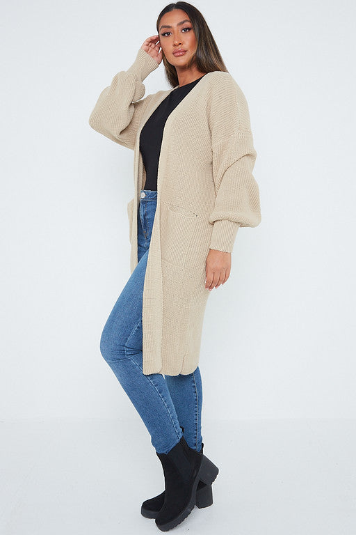 One Size Mid Length Knit Pocket Cardigan