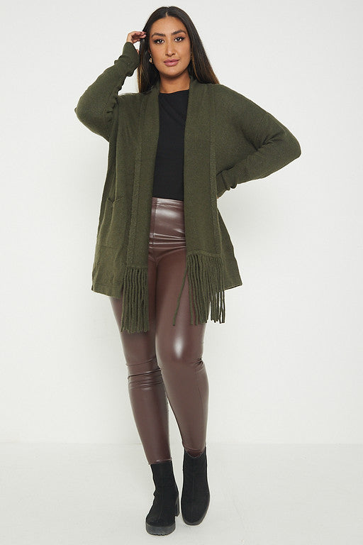 One Size Fringe Hem Pocket Cardigan Jumper