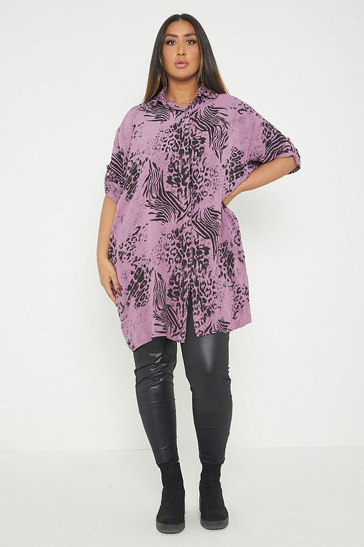 One Size Animal Print Turn Up Sleeve Shirt With Pockets