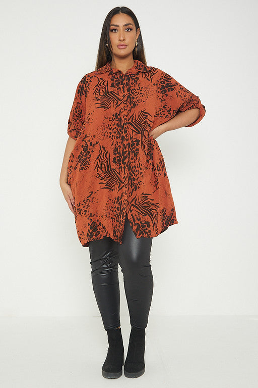 One Size Animal Print Turn Up Sleeve Shirt With Pockets