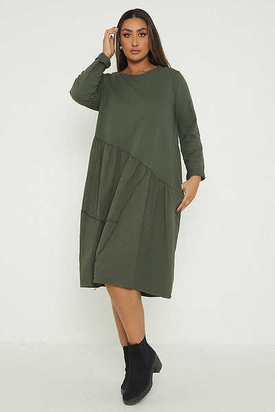 One Size Asymmetrical Skirt Long Sleeve Midi Dress