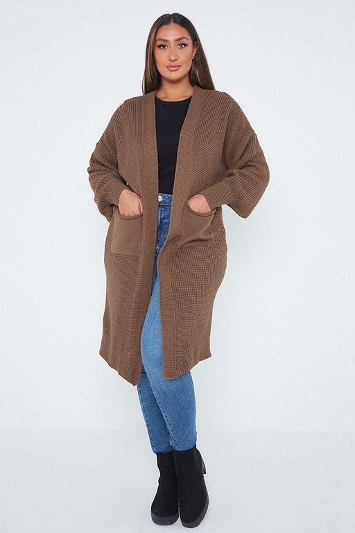 One Size Mid Length Knit Pocket Cardigan