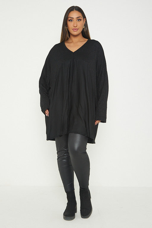 One Size Lurex Shimmer V Neck Knitted Top With Satin Front