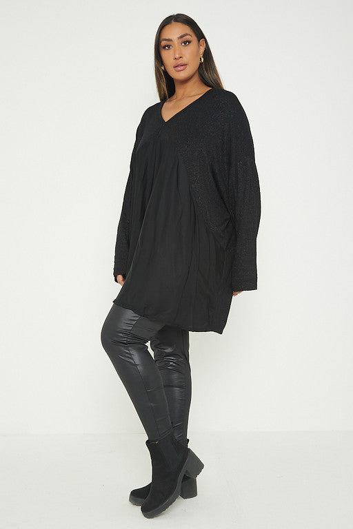 One Size Lurex Shimmer V Neck Knitted Top With Satin Front