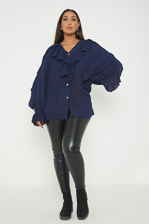 One Size Ruffle Detail Crinkle Lurex Shirt Blouse