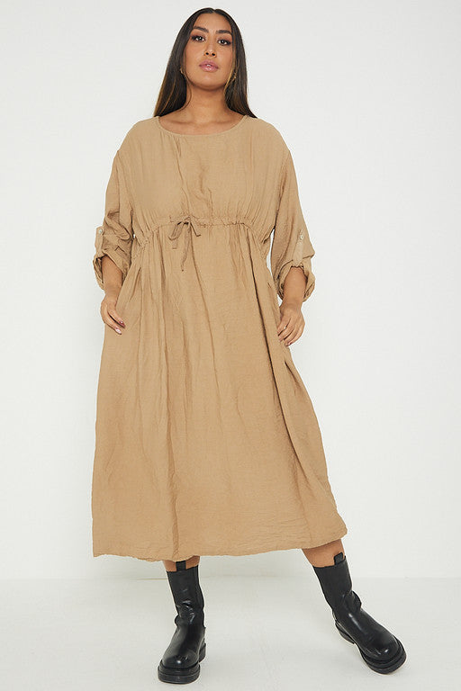 One Size  Crepe Turn Up Sleeve Pocket Midi Long Dress