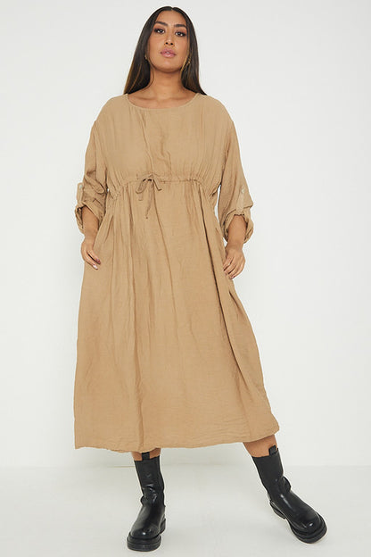 One Size  Crepe Turn Up Sleeve Pocket Midi Long Dress