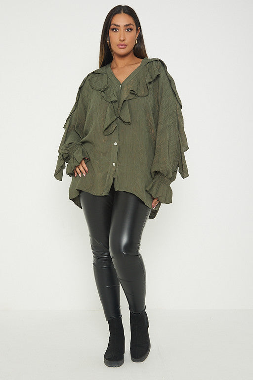 One Size Ruffle Detail Crinkle Lurex Shirt Blouse