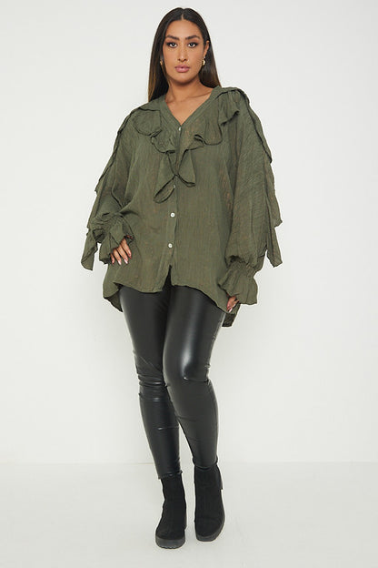 One Size Ruffle Detail Crinkle Lurex Shirt Blouse