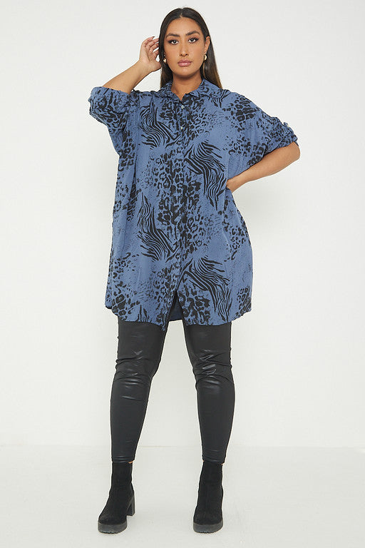 One Size Animal Print Turn Up Sleeve Shirt With Pockets