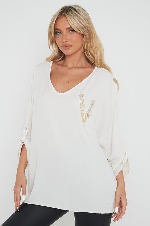 One Size 'V' Embellished V Neck Top