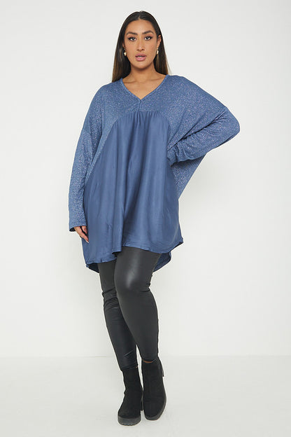 One Size Lurex Shimmer V Neck Knitted Top With Satin Front