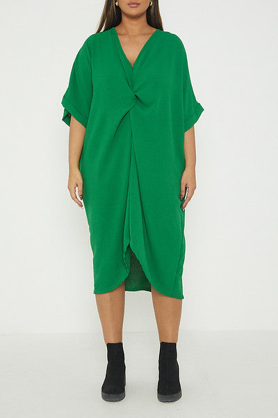 One Size Twist Front Mid Sleeve Midi Tunic Dress
