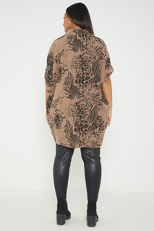One Size Animal Print Turn Up Sleeve Shirt With Pockets
