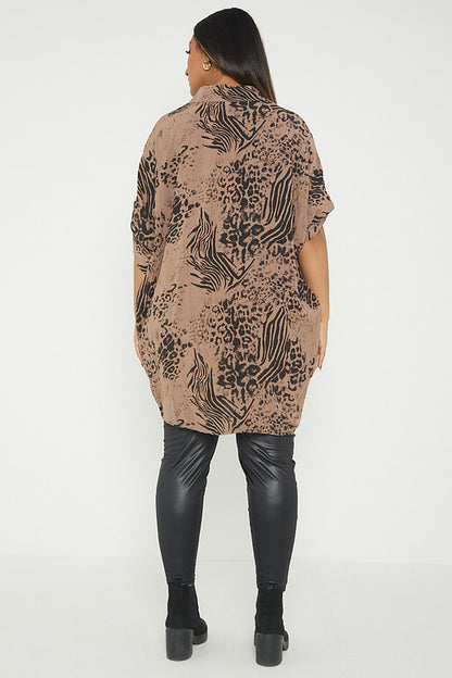 One Size Animal Print Turn Up Sleeve Shirt With Pockets