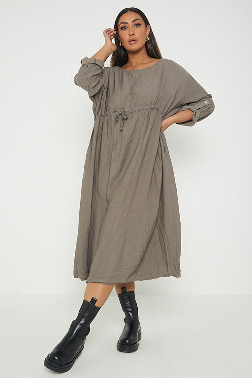 One Size  Crepe Turn Up Sleeve Pocket Midi Long Dress