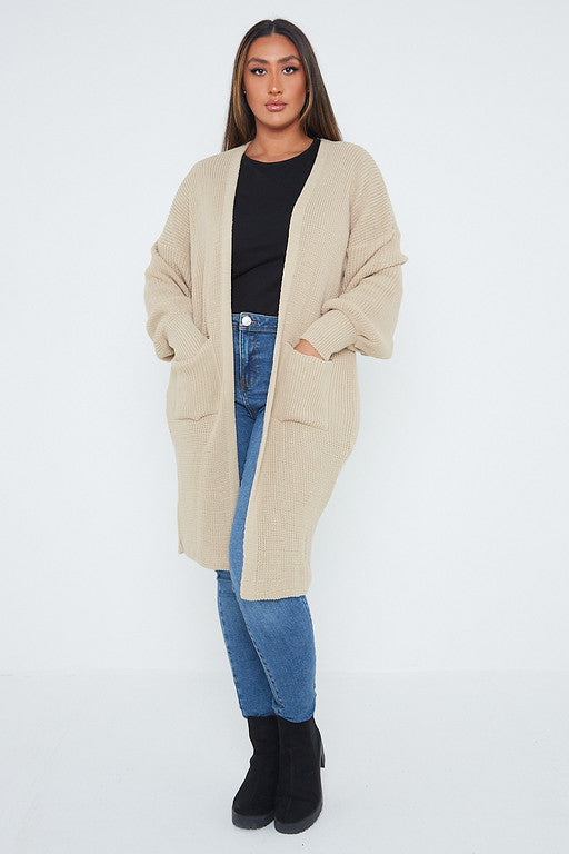 One Size Mid Length Knit Pocket Cardigan