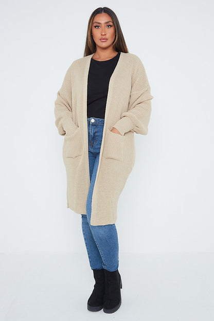 One Size Mid Length Knit Pocket Cardigan