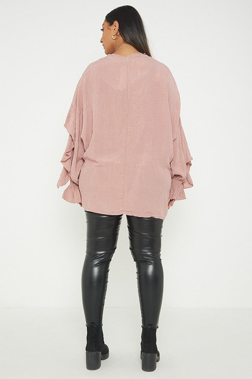 One Size Ruffle Detail Crinkle Lurex Shirt Blouse