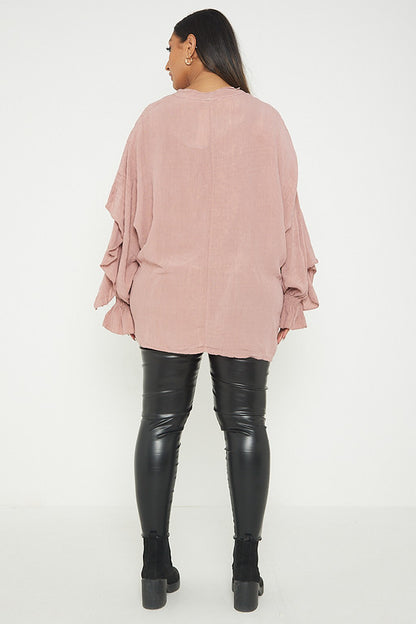 One Size Ruffle Detail Crinkle Lurex Shirt Blouse