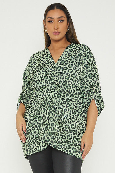 One Size Leopard Print Twist Front Turn Up Sleeve Blouse