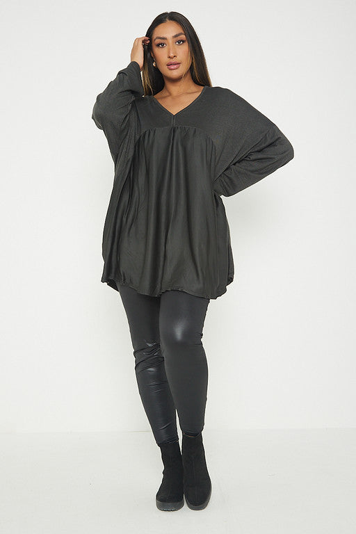 One Size V Neck Knitted Top With Satin Front