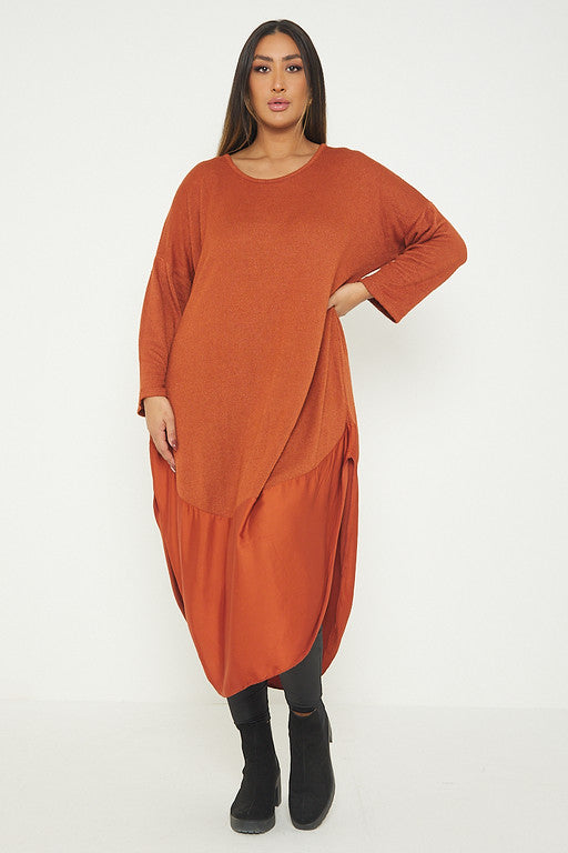One Size Round Neck Knitted Jumper Dress With Satin Hem