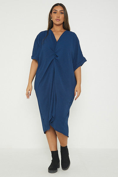 One Size Twist Front Mid Sleeve Midi Tunic Dress