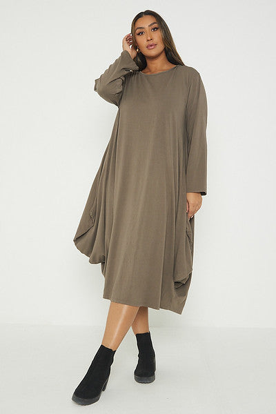 One Size Long Sleeved Waterfall Hem Midi Dress
