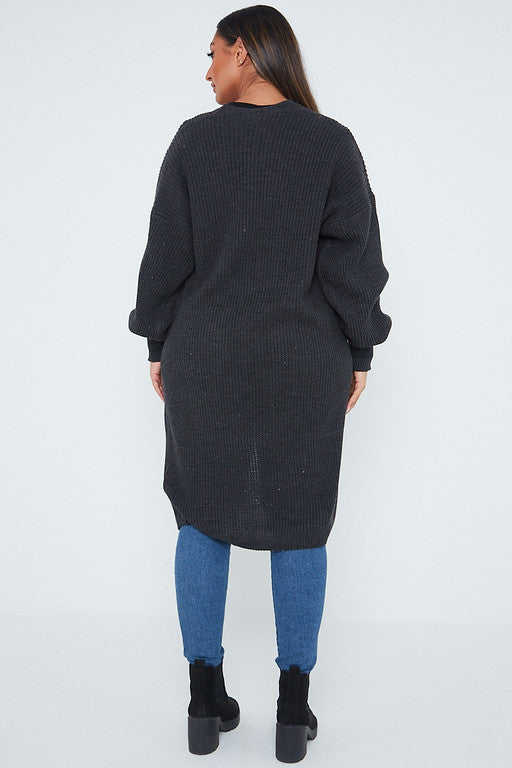 One Size Mid Length Knit Pocket Cardigan