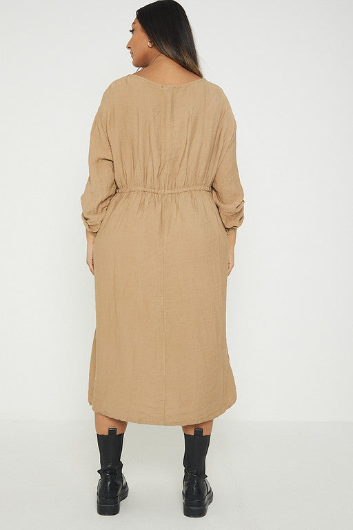 One Size  Crepe Turn Up Sleeve Pocket Midi Long Dress