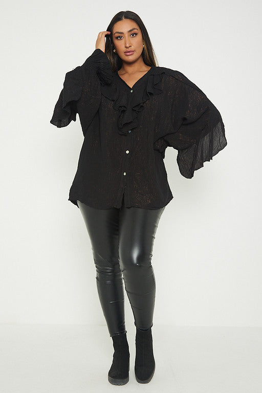 One Size Ruffle Detail Crinkle Lurex Shirt Blouse