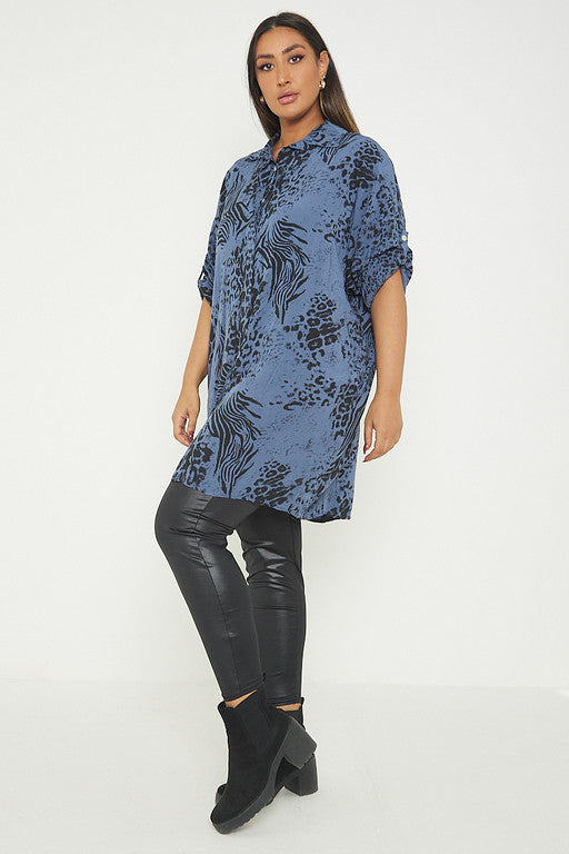 One Size Animal Print Turn Up Sleeve Shirt With Pockets