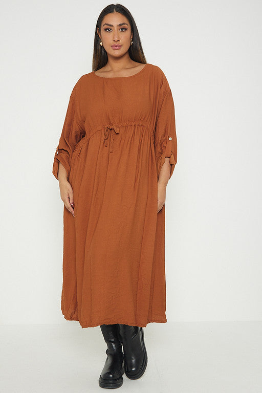 One Size  Crepe Turn Up Sleeve Pocket Midi Long Dress