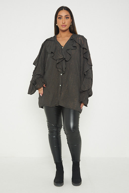 One Size Ruffle Detail Crinkle Lurex Shirt Blouse