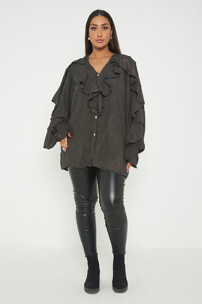 One Size Ruffle Detail Crinkle Lurex Shirt Blouse