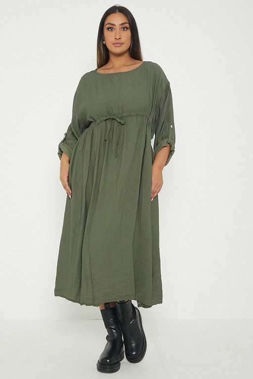 One Size  Crepe Turn Up Sleeve Pocket Midi Long Dress