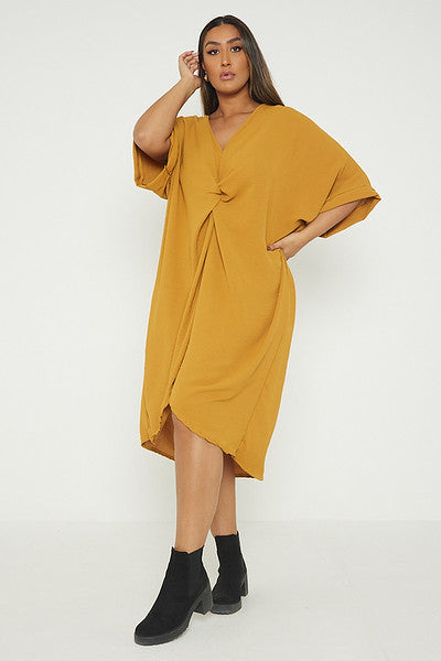 One Size Twist Front Mid Sleeve Midi Tunic Dress